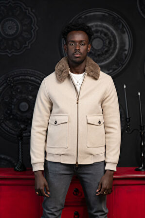 Slimfit Kürklü Sabit Yaka Beli Lastikli Astarlı Kaşe Mont