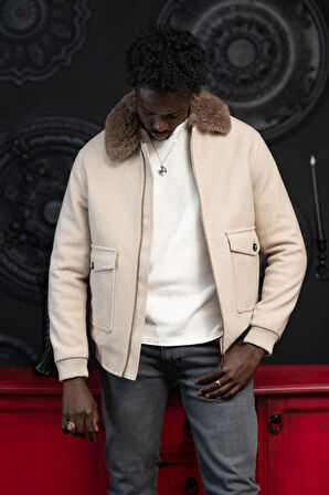 Slimfit Kürklü Sabit Yaka Beli Lastikli Astarlı Kaşe Mont