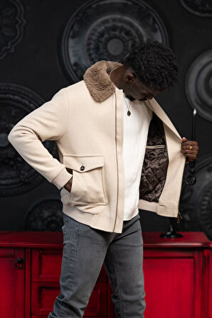 Slimfit Kürklü Sabit Yaka Beli Lastikli Astarlı Kaşe Mont