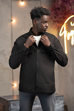 Oversize Çift Kapak Cepli İnce Kanvas Kumaş Astarsız Gömlek