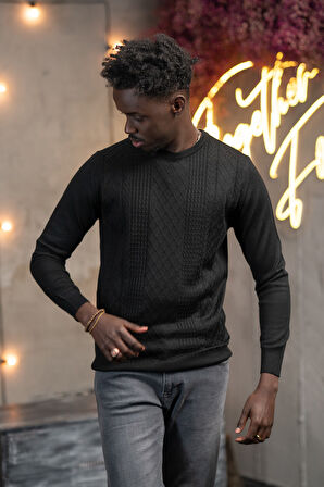 Regular Fit Yünlü Kendinden Desenli Bisiklet Yaka Triko Kazak