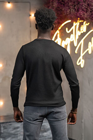 Regular Fit Yünlü Kendinden Desenli Bisiklet Yaka Triko Kazak