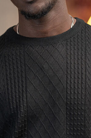 Regular Fit Yünlü Kendinden Desenli Bisiklet Yaka Triko Kazak