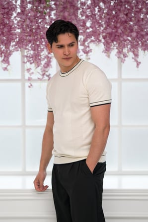 Slimfit Kolları Lastikli Likralı Desenli Bisiklet Yaka Triko T-shirt