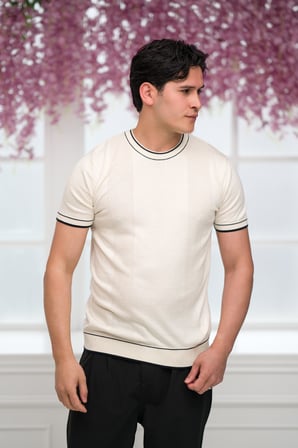 Slimfit Kolları Lastikli Likralı Desenli Bisiklet Yaka Triko T-shirt