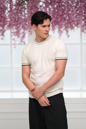Slimfit Kolları Lastikli Likralı Desenli Bisiklet Yaka Triko T-shirt