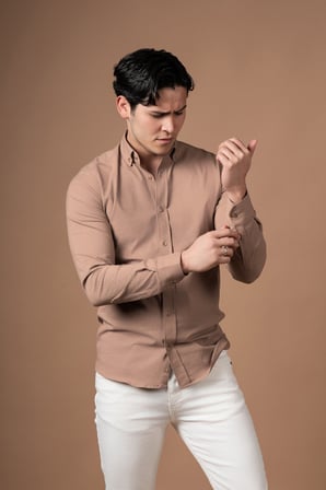 Slimfit Kendinden Çizgili Yaka Düğmeli Likralı Yazlık Gömlek