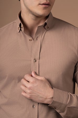 Slimfit Kendinden Çizgili Yaka Düğmeli Likralı Yazlık Gömlek