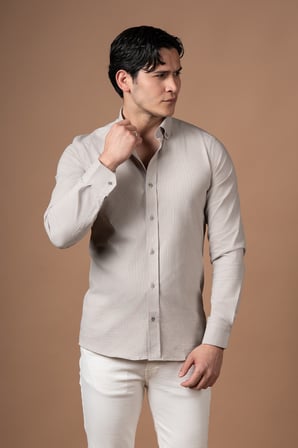 Slimfit Kendinden Çizgili Yaka Düğmeli Likralı Yazlık Gömlek