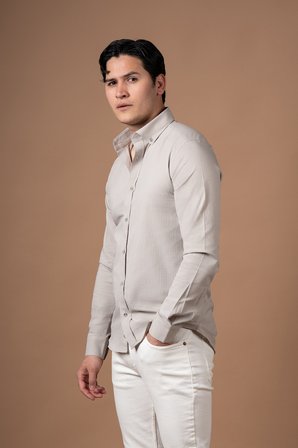 Slimfit Kendinden Çizgili Yaka Düğmeli Likralı Yazlık Gömlek