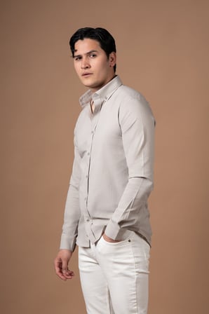 Slimfit Kendinden Çizgili Yaka Düğmeli Likralı Yazlık Gömlek