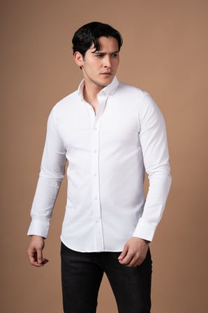 Slimfit Kendinden Çizgili Yaka Düğmeli Likralı Yazlık Gömlek