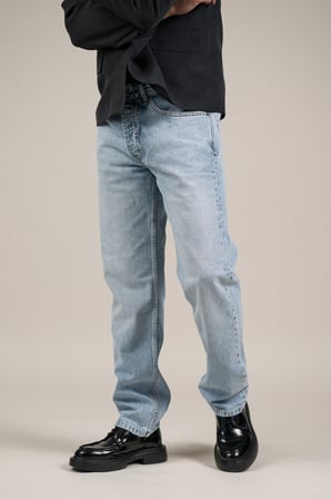 Pamuklu Taş Yıkama Yarım Baggy (Geniş Paça) Buz Mavisi Jean Pantolon