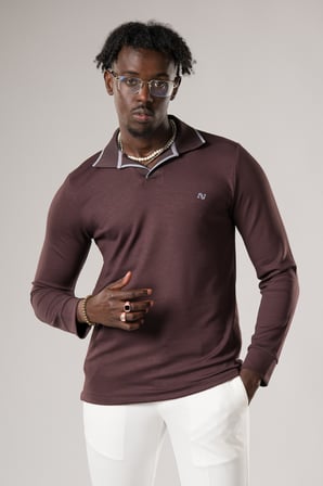 Slimfit Düğmesiz V Polo Yaka Likralı Uzun Kol Mevsimlik Sweatshirt 