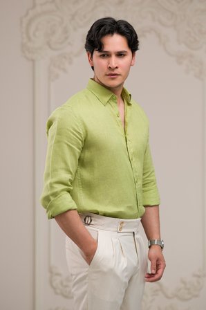 Regular Fit Gizli Düğmeli Yaka %100 Linen Ham Keten Gömlek 