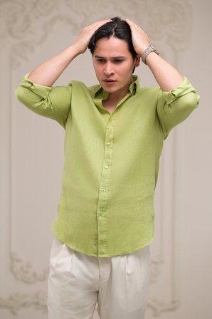 Regular Fit Gizli Düğmeli Yaka %100 Linen Ham Keten Gömlek 