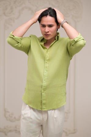 Regular Fit Gizli Düğmeli Yaka %100 Linen Ham Keten Gömlek 