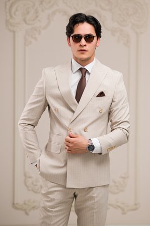 Slimfit İtalyan Yaka Astarlı 6 Drop Çift Yırtmaç Çizgili Kruvaze Takım Elbise