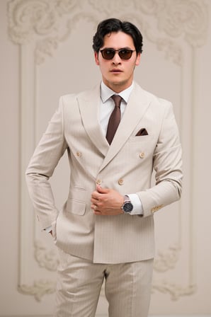 Slimfit İtalyan Yaka Astarlı 6 Drop Çift Yırtmaç Çizgili Kruvaze Takım Elbise
