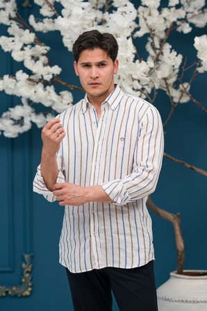 Regular Fit Düğmeli Yaka Çizgili Ham Keten Gömlek 