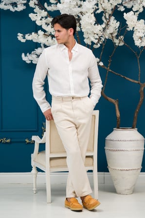 Regular Fit Gizli Düğmeli Yaka %100 Linen Ham Keten Gömlek 