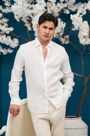 Regular Fit Gizli Düğmeli Yaka %100 Linen Ham Keten Gömlek 