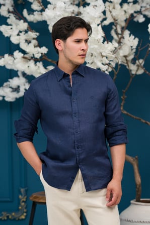 Regular Fit Gizli Düğmeli Yaka %100 Linen Ham Keten Gömlek 