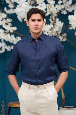 Regular Fit Gizli Düğmeli Yaka %100 Linen Ham Keten Gömlek 