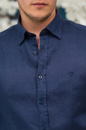 Regular Fit Gizli Düğmeli Yaka %100 Linen Ham Keten Gömlek 
