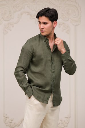 Regular Fit Gizli Düğmeli Yaka %100 Linen Ham Keten Gömlek 