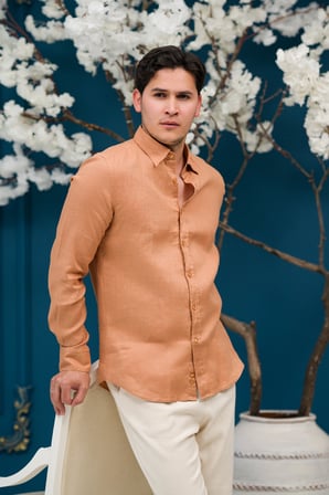 Regular Fit Gizli Düğmeli Yaka %100 Linen Ham Keten Gömlek 