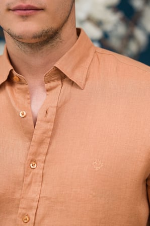 Regular Fit Gizli Düğmeli Yaka %100 Linen Ham Keten Gömlek 
