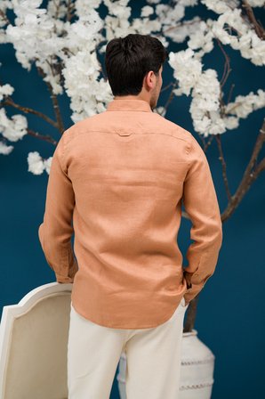 Regular Fit Gizli Düğmeli Yaka %100 Linen Ham Keten Gömlek 