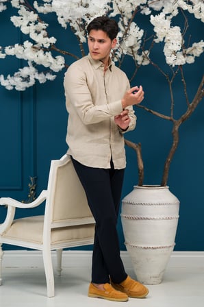 Regular Fit Gizli Düğmeli Yaka %100 Linen Ham Keten Gömlek 