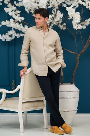 Regular Fit Gizli Düğmeli Yaka %100 Linen Ham Keten Gömlek 