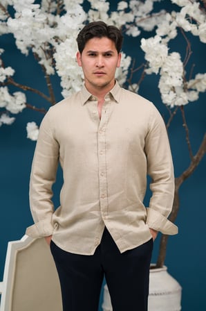 Regular Fit Gizli Düğmeli Yaka %100 Linen Ham Keten Gömlek 