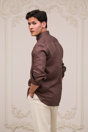 Regular Fit Gizli Düğmeli Yaka %100 Linen Ham Keten Gömlek 