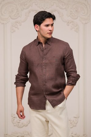 Regular Fit Gizli Düğmeli Yaka %100 Linen Ham Keten Gömlek 