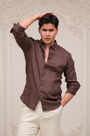 Regular Fit Gizli Düğmeli Yaka %100 Linen Ham Keten Gömlek 