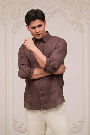 Regular Fit Gizli Düğmeli Yaka %100 Linen Ham Keten Gömlek 