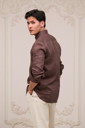 Regular Fit Gizli Düğmeli Yaka %100 Linen Ham Keten Gömlek 
