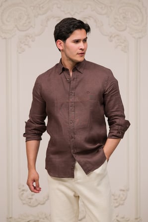 Regular Fit Gizli Düğmeli Yaka %100 Linen Ham Keten Gömlek 