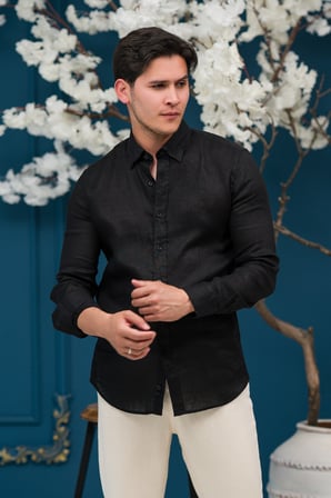 Regular Fit Gizli Düğmeli Yaka %100 Linen Ham Keten Gömlek 