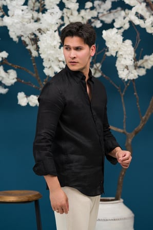 Regular Fit Gizli Düğmeli Yaka %100 Linen Ham Keten Gömlek 