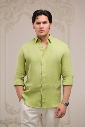 Regular Fit Gizli Düğmeli Yaka %100 Linen Ham Keten Gömlek 