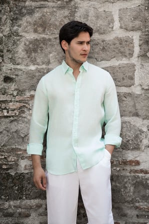 Regular Fit Gizli Düğmeli Yaka %100 Linen Ham Keten Gömlek 