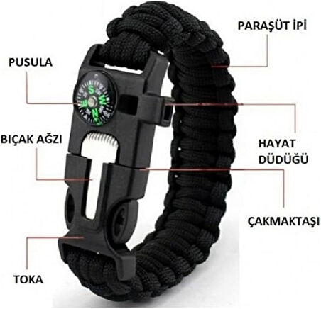 Çok Fonksiyonlu Paracord Bileklik ,Paraşüt İpi , Pusula ,Ateşleme Çakmağı ile Siyah