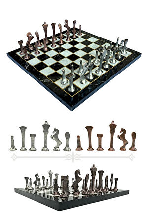 MC54 - Metal Satranç Takımı - 25cm Mermer Desenli Satranç Tahtası - Sertifikalı Antik Metal Taşlar