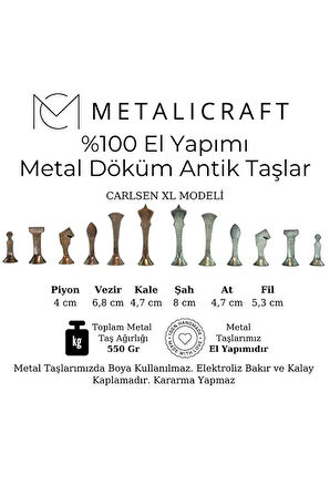 MC44 Büyük Boy Metal Satranç Takımı – Gerçek Ceviz Tahta – El Yapımı Antik Taşlar 35x35cm