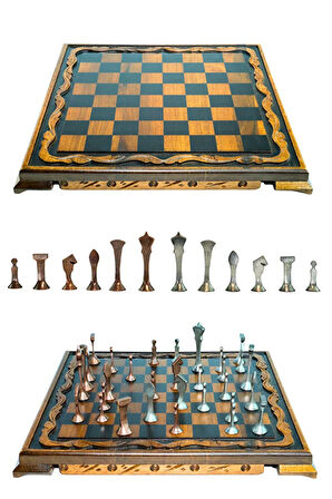MC44 Büyük Boy Metal Satranç Takımı – Gerçek Ceviz Tahta – El Yapımı Antik Taşlar 35x35cm